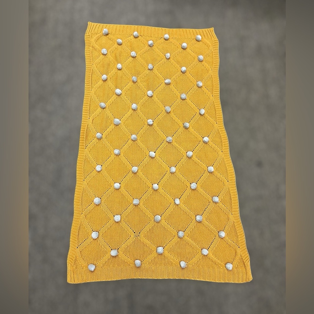 Alimrose Pom Pom Yellow Knit Organic Cotton Blanket